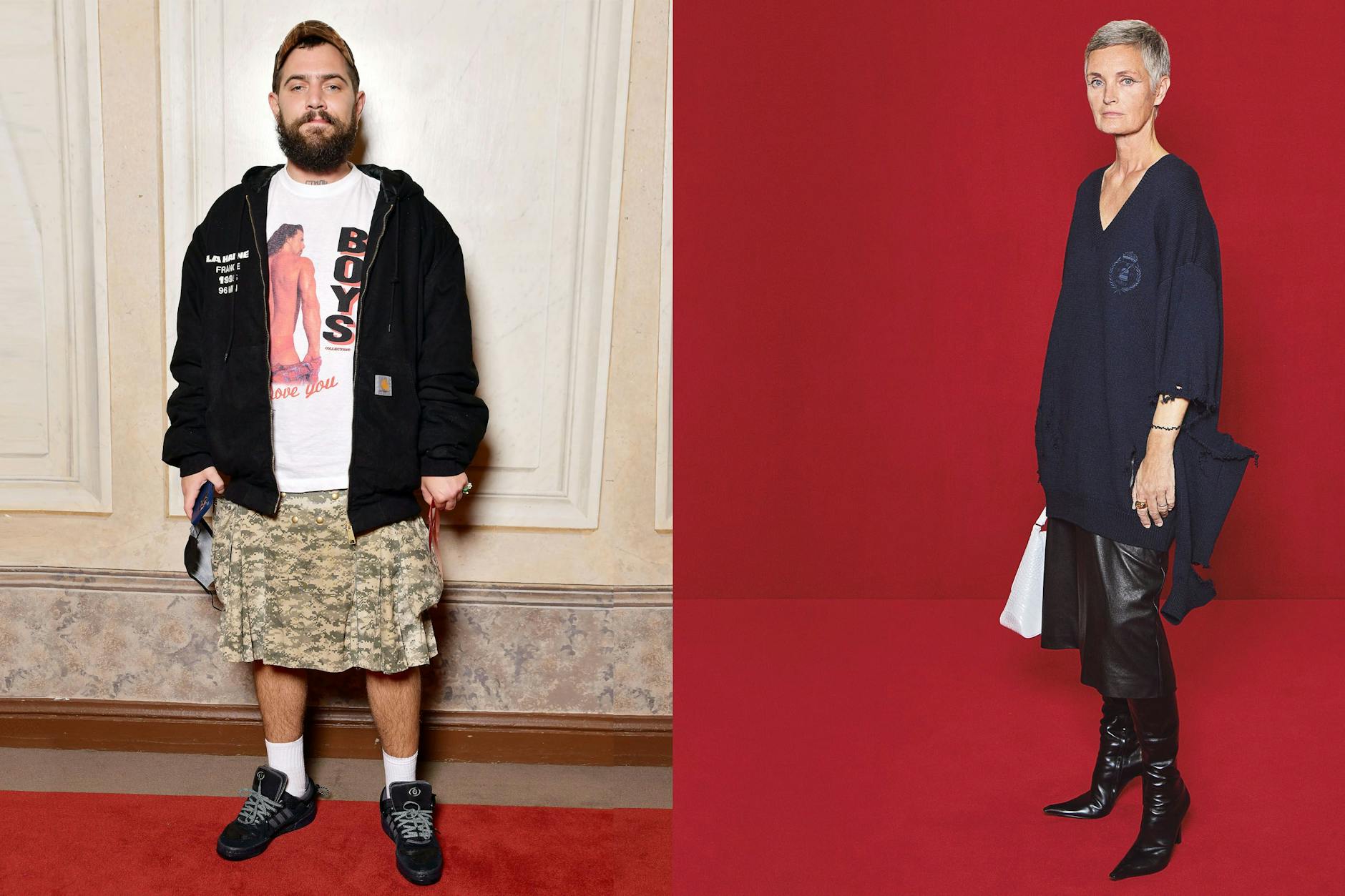 Berliner und Berlinerin bei der Prêt-à-porter-Schau von Balenciaga: 032c-Fashion-Director Marc Goehring (als Gast) und Kunstsammlerin Karen Boros (als Model).