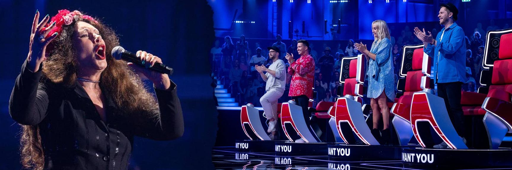 Auftritt bei „The Voice“: Karen Ann Tepperis vor der Jury, bestehend aus Johannes Oerding, Sarah Connor, Mark Forster und Nico Santos.