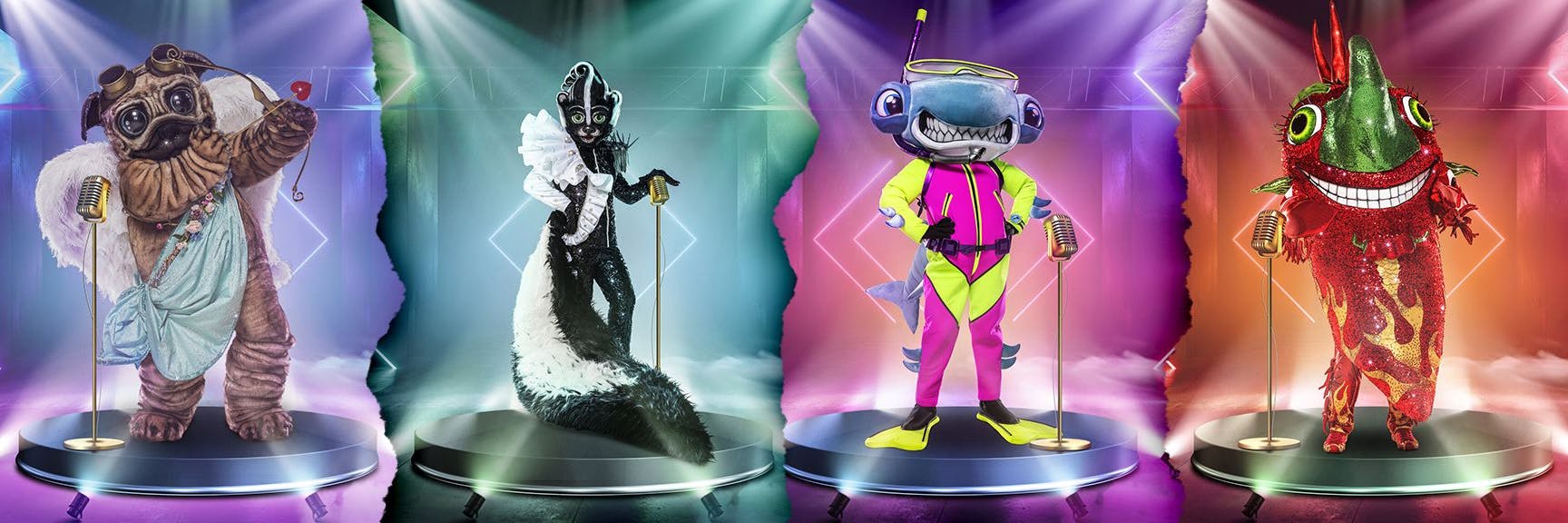 Zu den Kostümen der fünften Staffel von „The Masked Singer“ gehören der Mops, das Stinktier, der Hammerhai und die Chilischote.