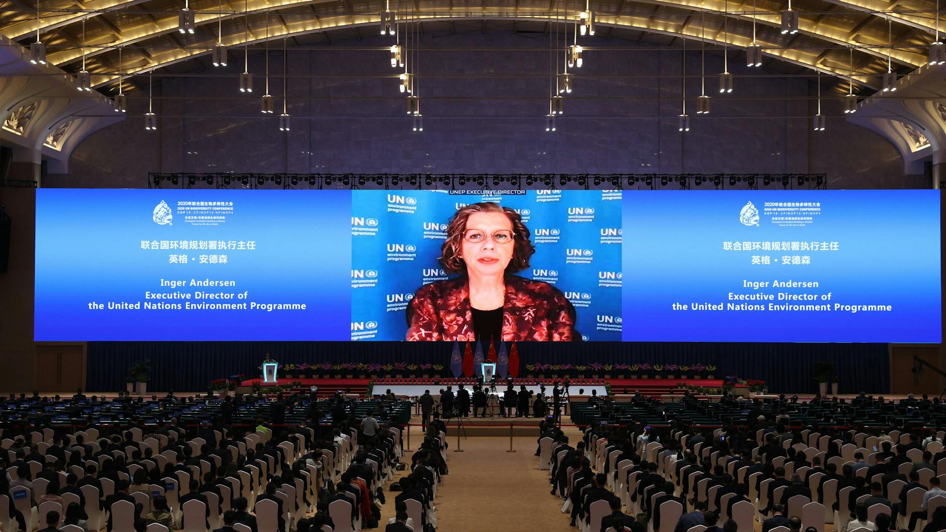 Inger Andersen, Chefin des UN-Umweltprogramms, hält eine Rede in der Eröffnungssitzung der 15. Weltbiodiversitätskonferenz im chinesischen Kunming. 