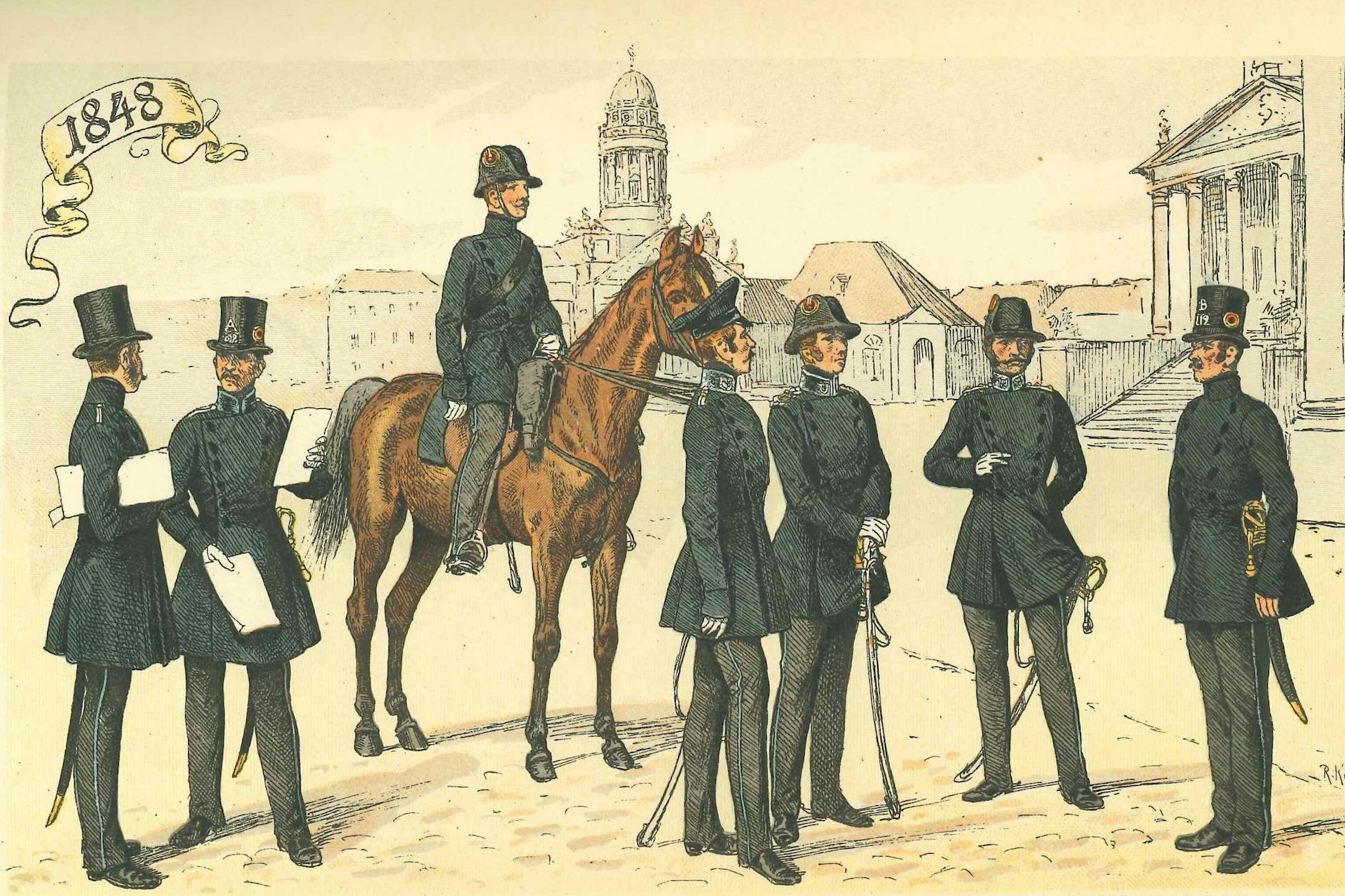 Berliner Polizei anno 1848: Wachtmeister, Abteilungs-Wachtmeister, Schutzmann zu Pferde, Lieutenant, Oberst, Hauptmann, Schutzmann zu Fuß (von links). Ein Kriminalkommissar jener Zeit beklagt die überbordende Kriminalität.
