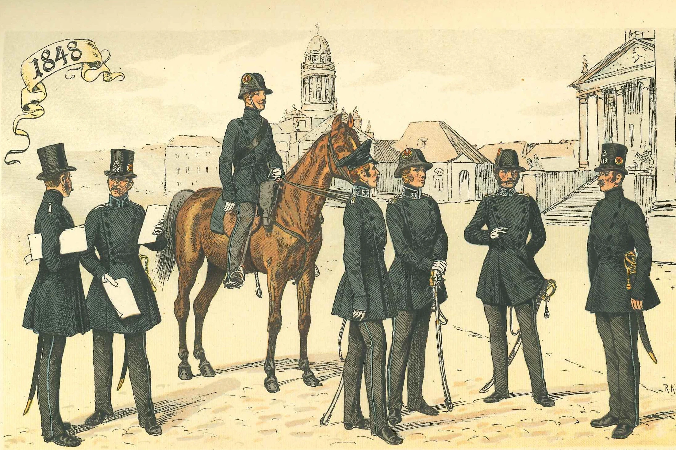 Berliner Polizei anno 1848: Wachtmeister, Abteilungs-Wachtmeister, Schutzmann zu Pferde, Lieutenant, Oberst, Hauptmann, Schutzmann zu Fuß (von links). Ein Kriminalkommissar jener Zeit beklagt die überbordende Kriminalität. 