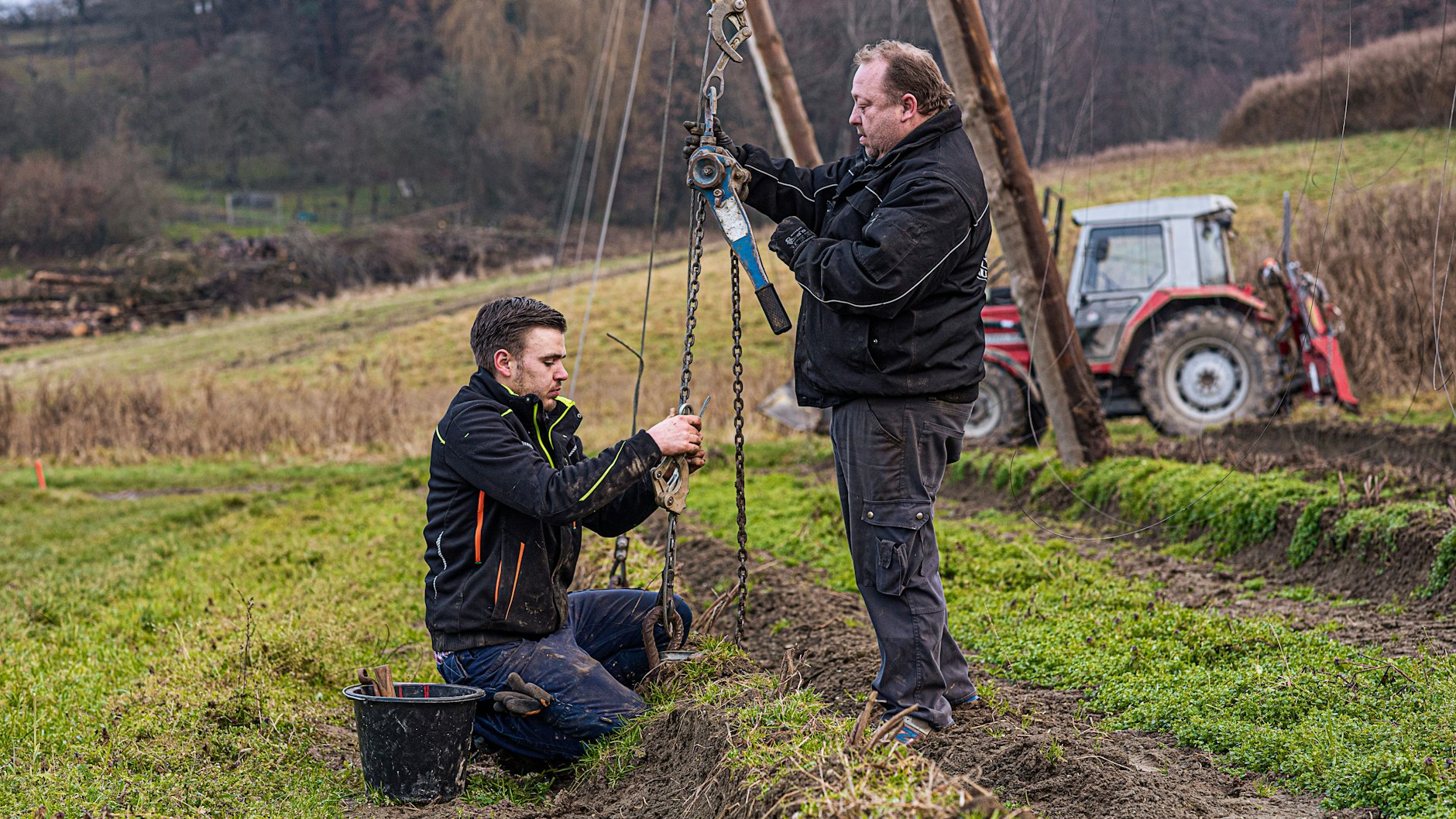 Betriebshelfer Patrick Lerchl (l.) und Lorenz Reich spannen die Rankdrähte auf einem abgeernteten Hopfenfeld. Bauer Reich hatte dafür dringend Hilfe gebraucht: Der Rücken.&nbsp; &nbsp;