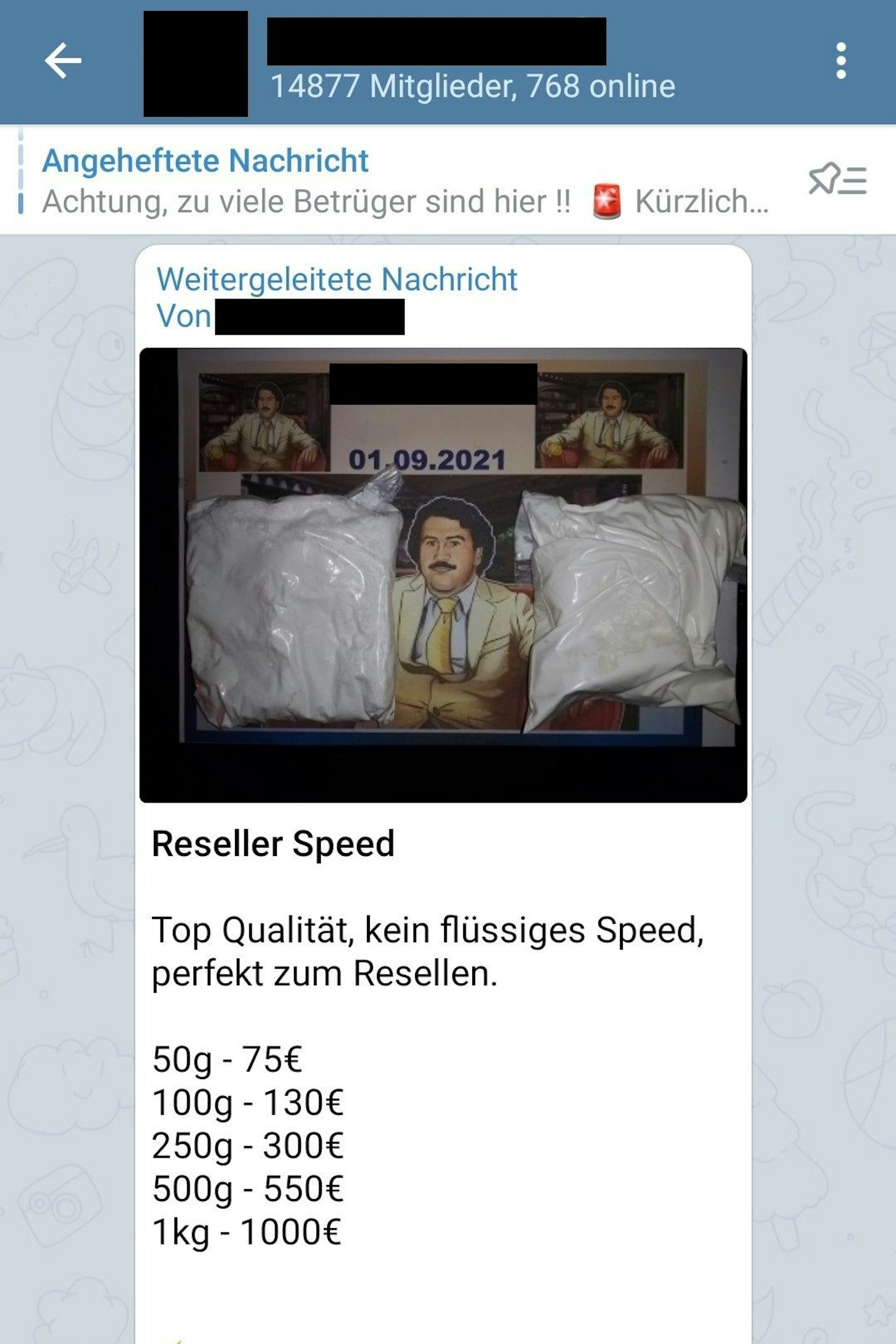 Ein Account, über den man Drogen beziehen kann, im Messenger-Dienst Telegram.