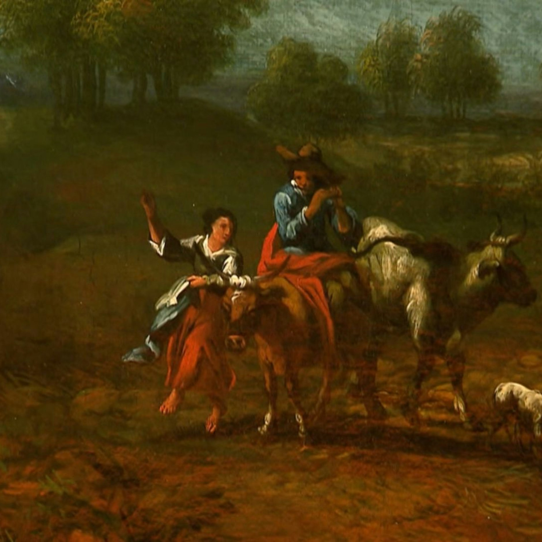 Ein Detail des Gemäldes, das bei „Bares für Rares“ unter den Hammer kam: Das Bild zeigt unter anderem eine tanzende Hirtin.