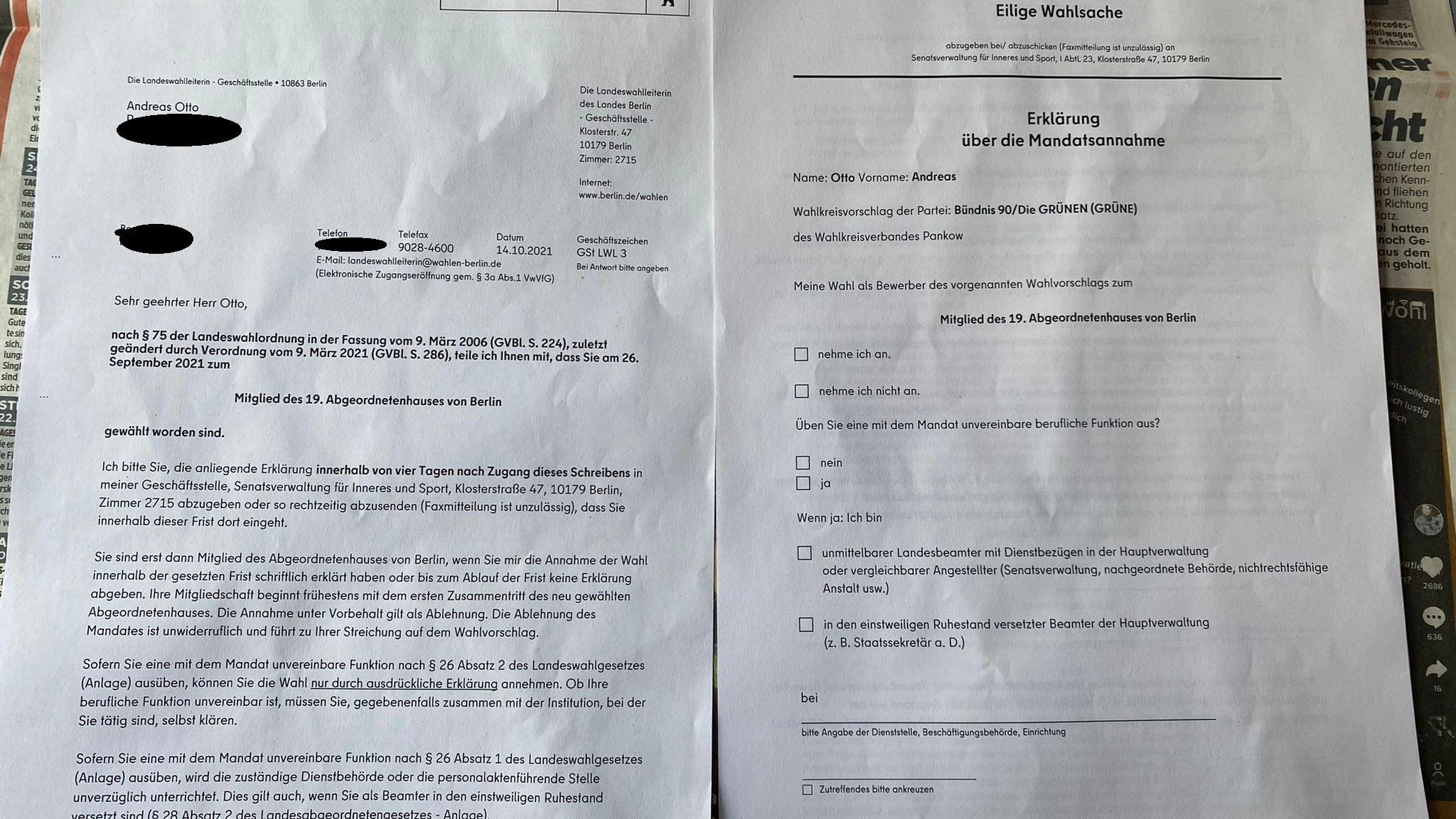 Das Schreiben für Andreas Otto (Grüne) landete bei seinem gleichnamigen FDP-Kollegen.