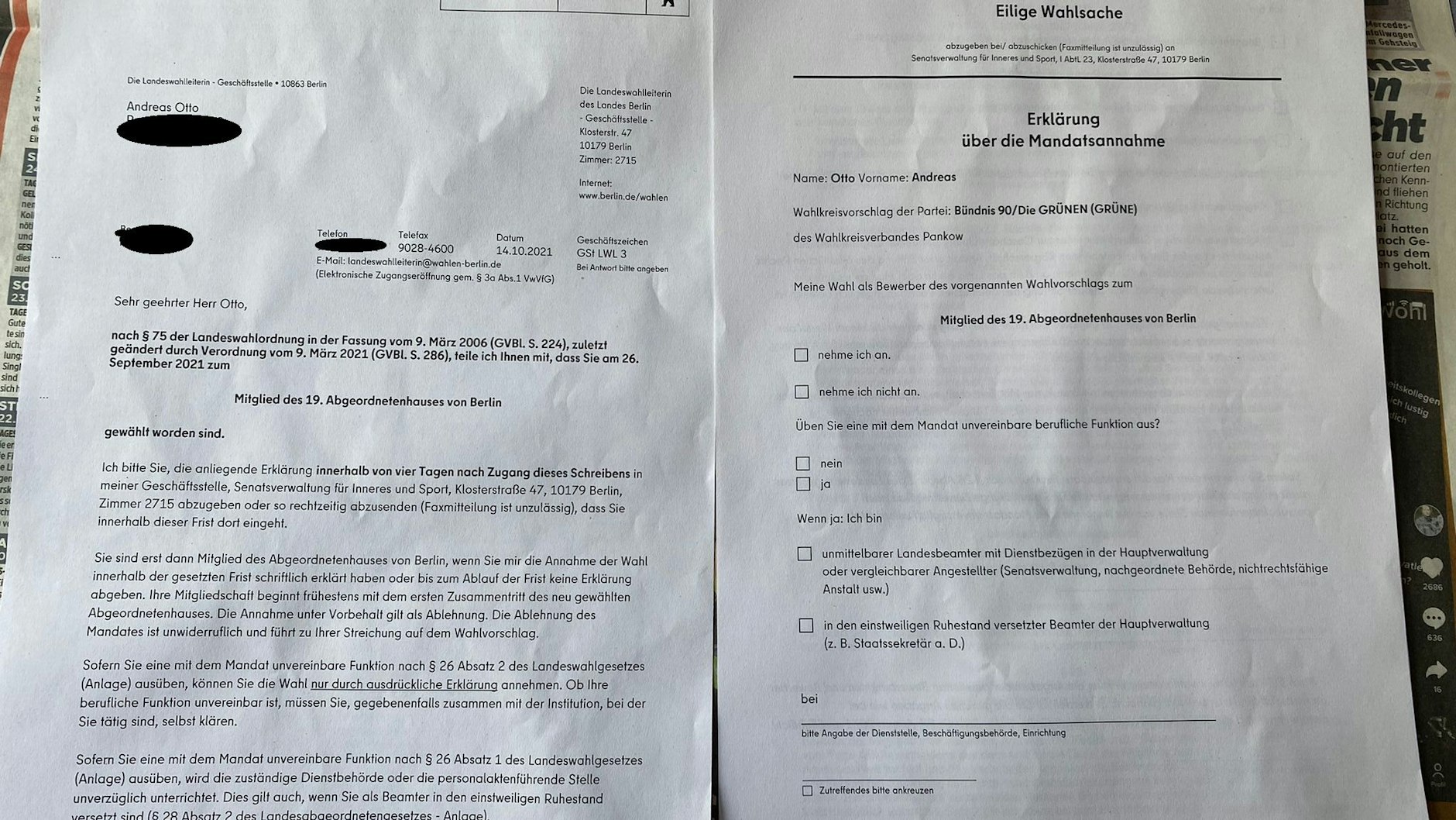 Das Schreiben für Andreas Otto (Grüne) landete bei seinem gleichnamigen FDP-Kollegen.