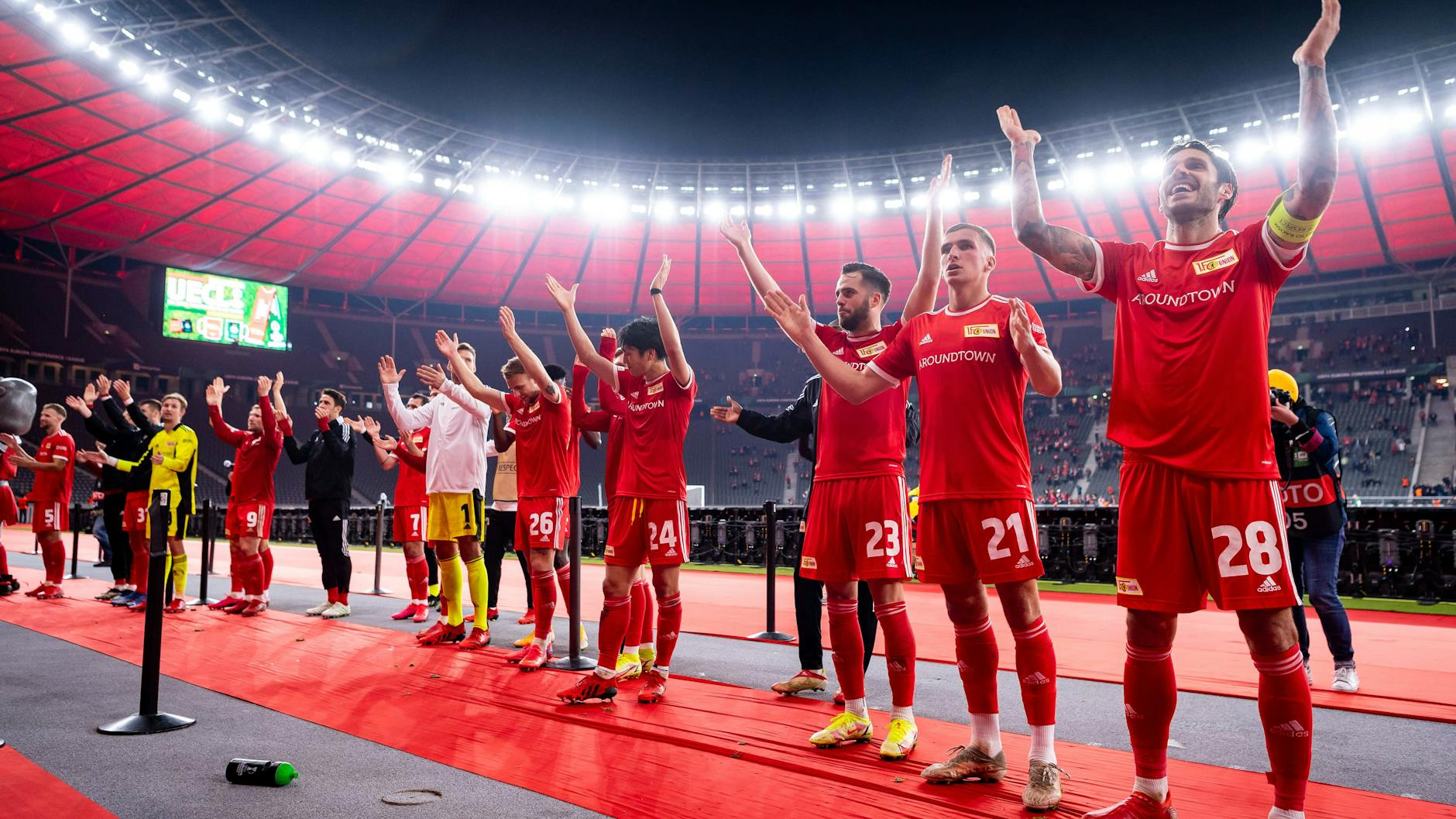 Auf den Geschmack gekommen: Die Spieler des 1. FC Union wollen auch am Donnerstag bei Feyenoord Rotterdam in der Europa Conference League feiern.