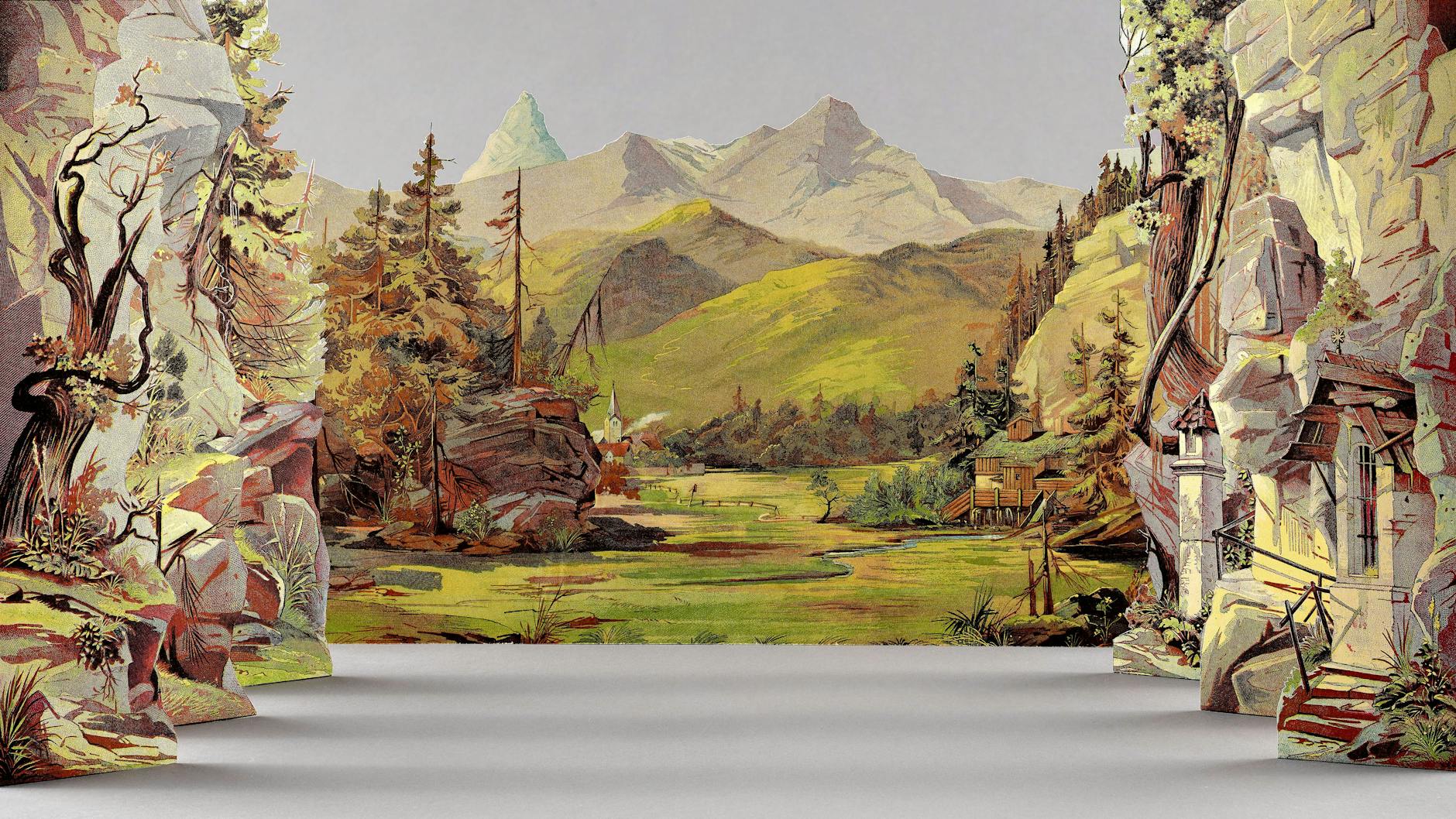 Die Papiertheaterdekoration „Gebirgsgegend“ kam bei verschiedenen Stücken zum Einsatz.