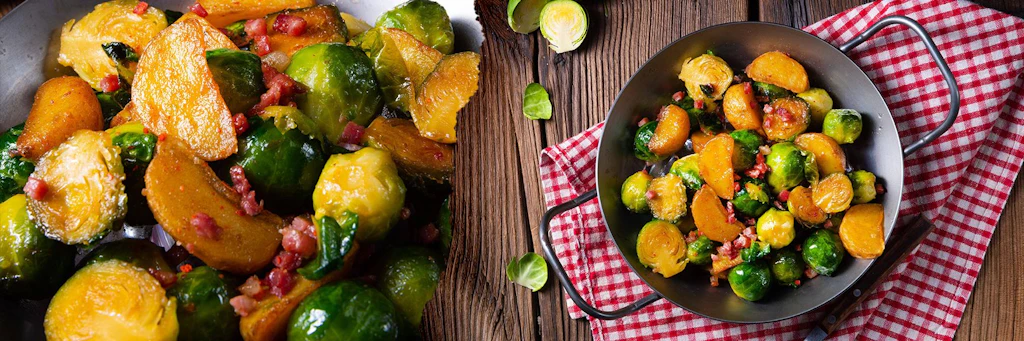 Deftiges Blitz-Rezept für den Herbst: Rosenkohl-Kartoffel-Pfanne mit Meerrettich-Dip! Schmeckt würzig und geht superschnell