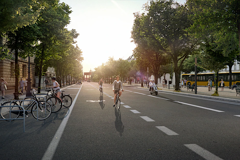 Jeweils ein Extra-Fahrstreifen für Radfahrer, daneben eine Busspur und eine Fahrspur für Autos: So soll die Straße Unter den Linden zwischen Universitäts- und Wilhelmstraße künftig aussehen.
