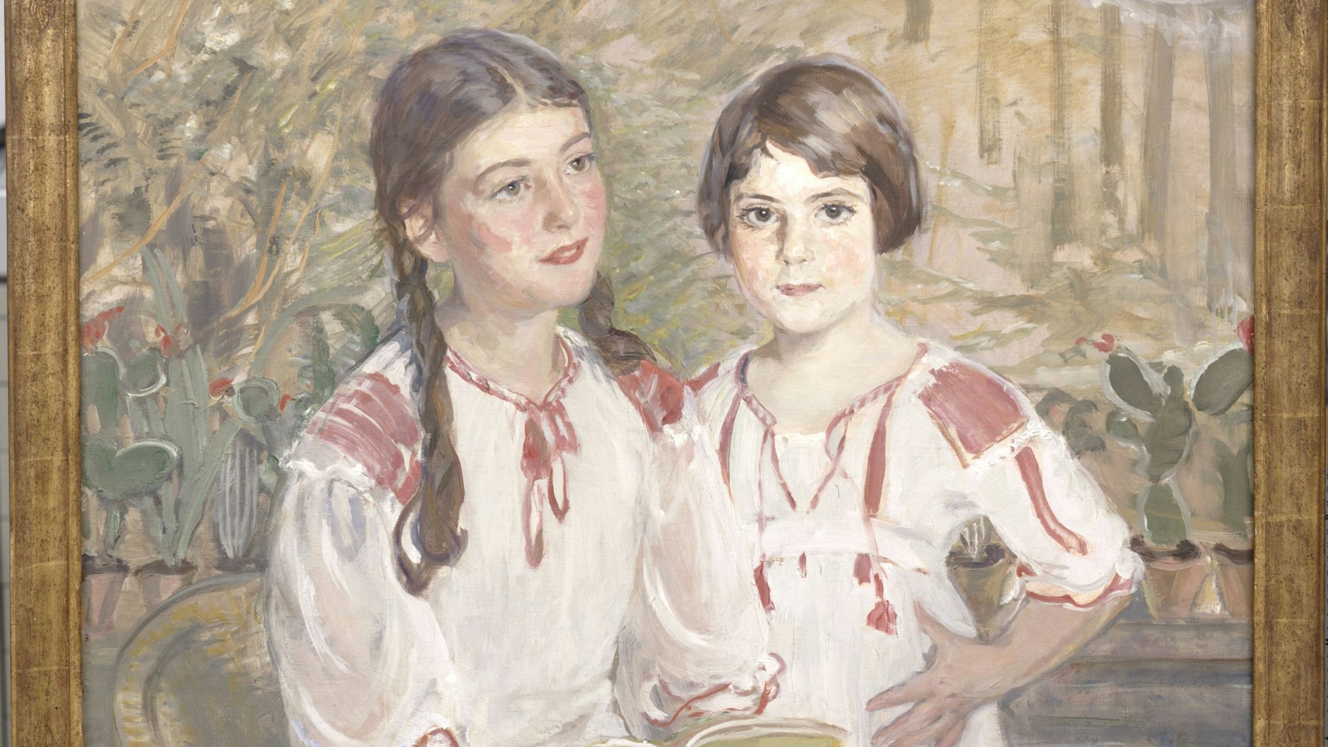 Porträt der Schwestern Cornelia und Charlotte Hahn mit ihren Blusen.