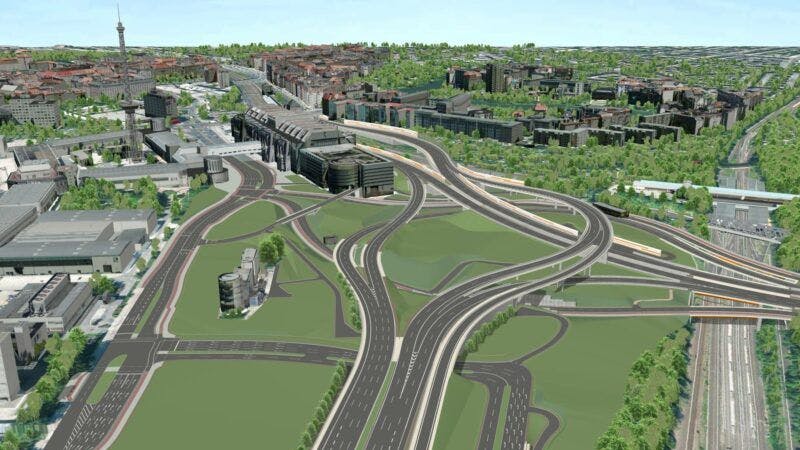 Blick von Süden: So könnte das Dreieck (Stand Oktober 2021) aussehen. Oben das ICC, links die Messe mit Funkturm, davor die Autobahnraststätte, deren Parkplatz in der ehemaligen Avus-Nordkurve von der neuen Verbindung zur Avus verschluckt sein wird. 