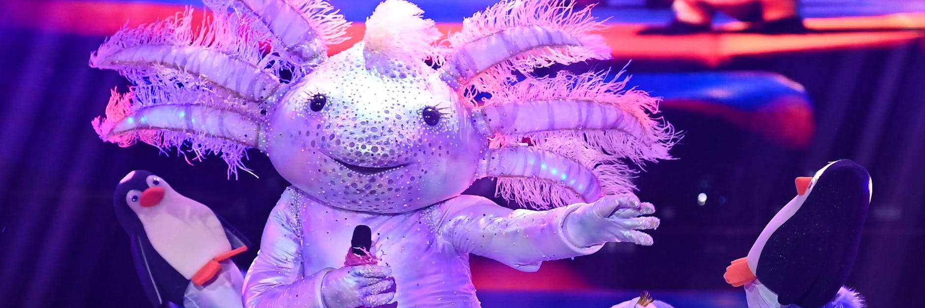 Das Axolotl beim Auftritt auf der Bühne von The Masked Singer. Welche Komikerin steckt wohl im Kostüm?