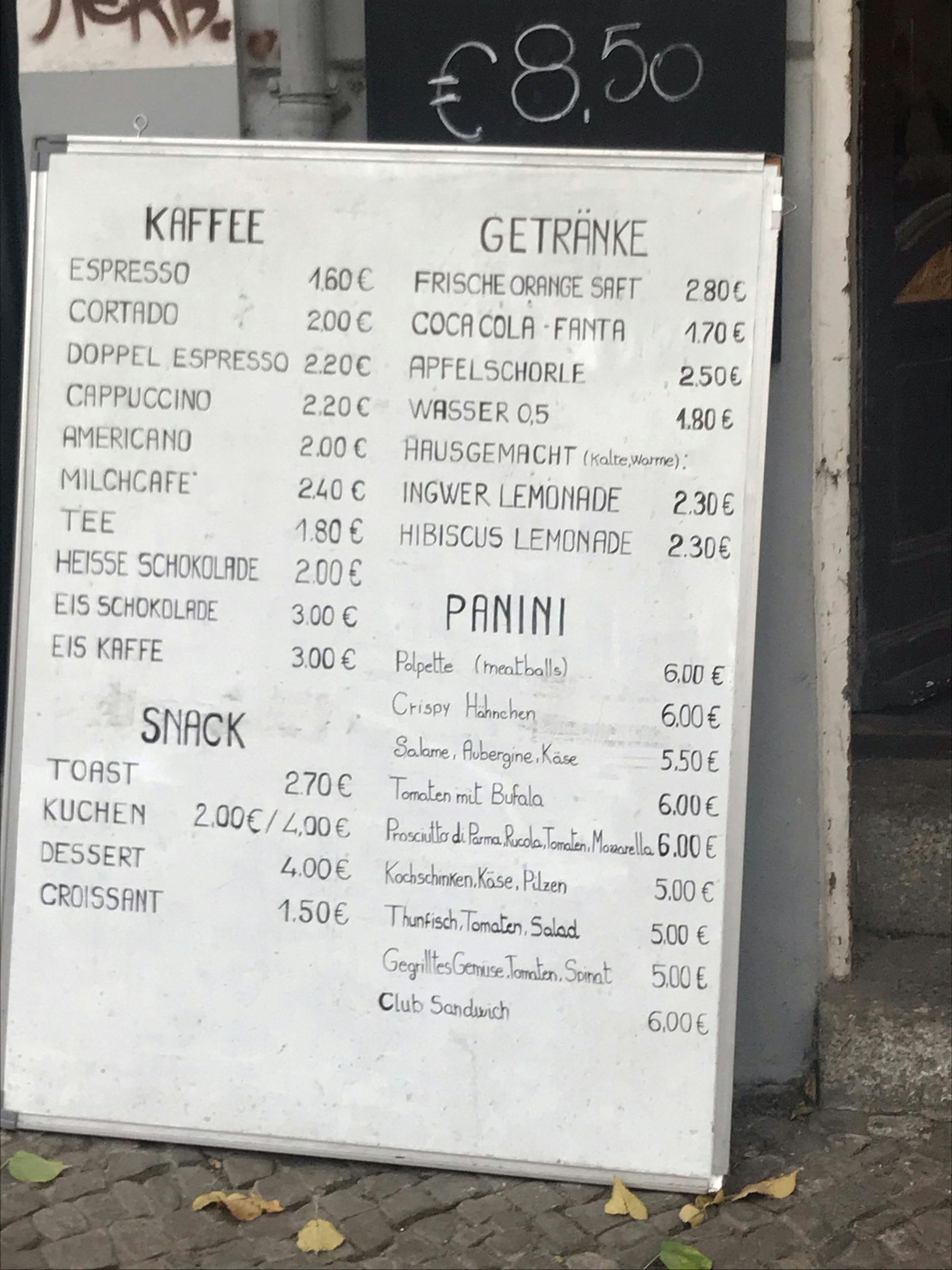 Ein Teil der Speisekarte des Ripieno.