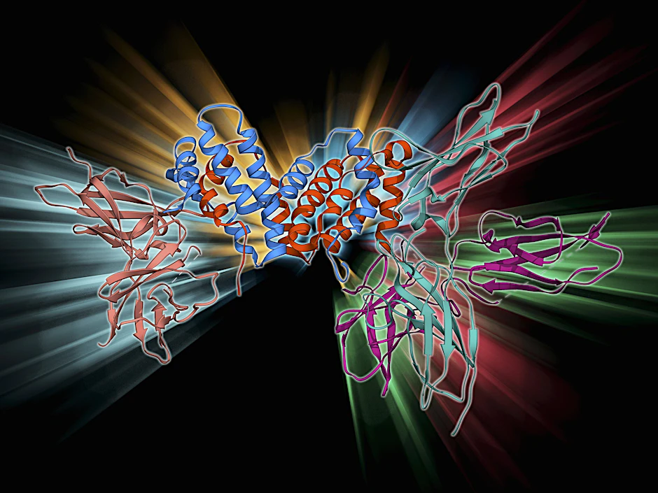 Teil der Immunantwort: Das Protein Interferon-gamma wirkt auch gegen virale Infektionen. Produziert wird es unter anderem im Zuge der <a href="https://de.wikipedia.org/wiki/Angeborene_Immunantwort">angeborenen Immunantwort</a> von Natürlichen Killerzellen.