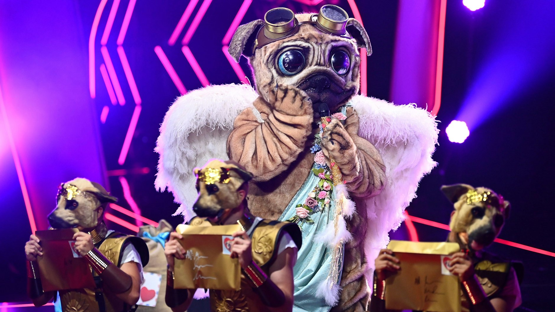 Das „Masked Singer“-Rateteam vermutet unter anderem, dass Sängerin Jeannette Biedermann im Mops-Kostüm steckt.