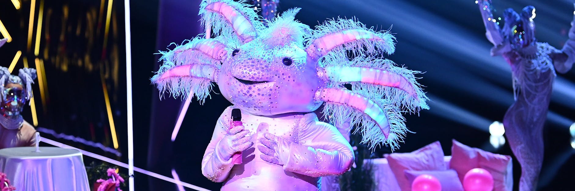 Das Axolotl bei seinem Auftritt auf der Bühne - doch wer ist der „Masked Singer“ im Kostüm?