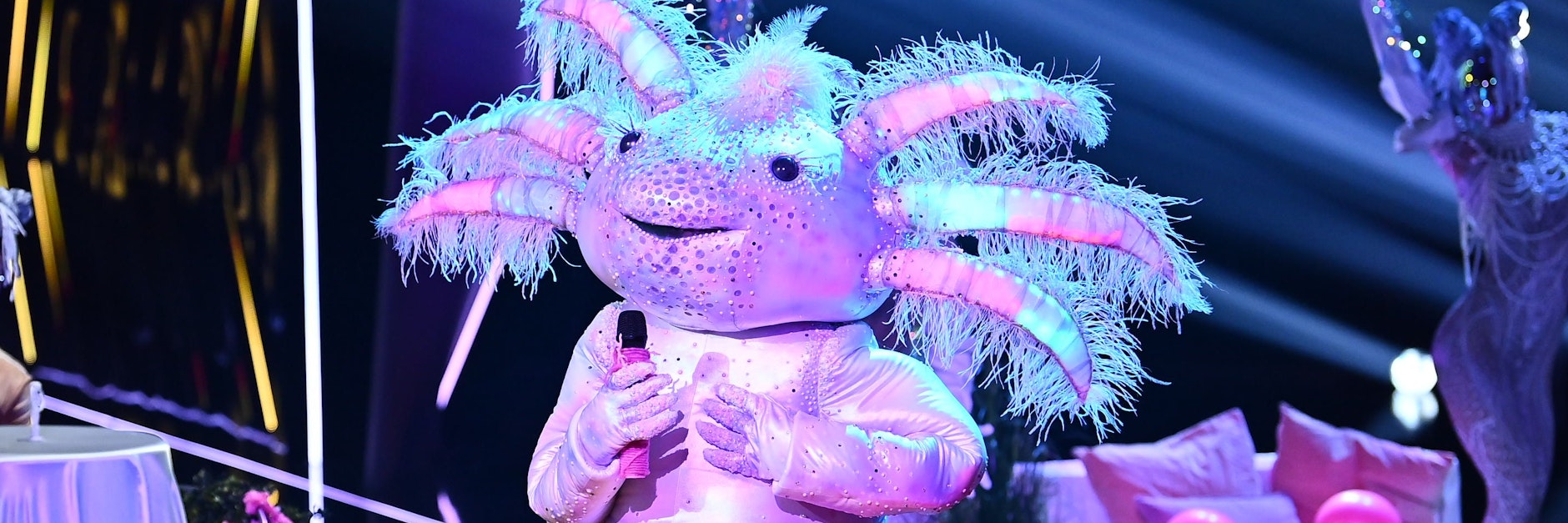 Das Axolotl bei seinem Auftritt auf der Bühne - doch wer ist der „Masked Singer“ im Kostüm?