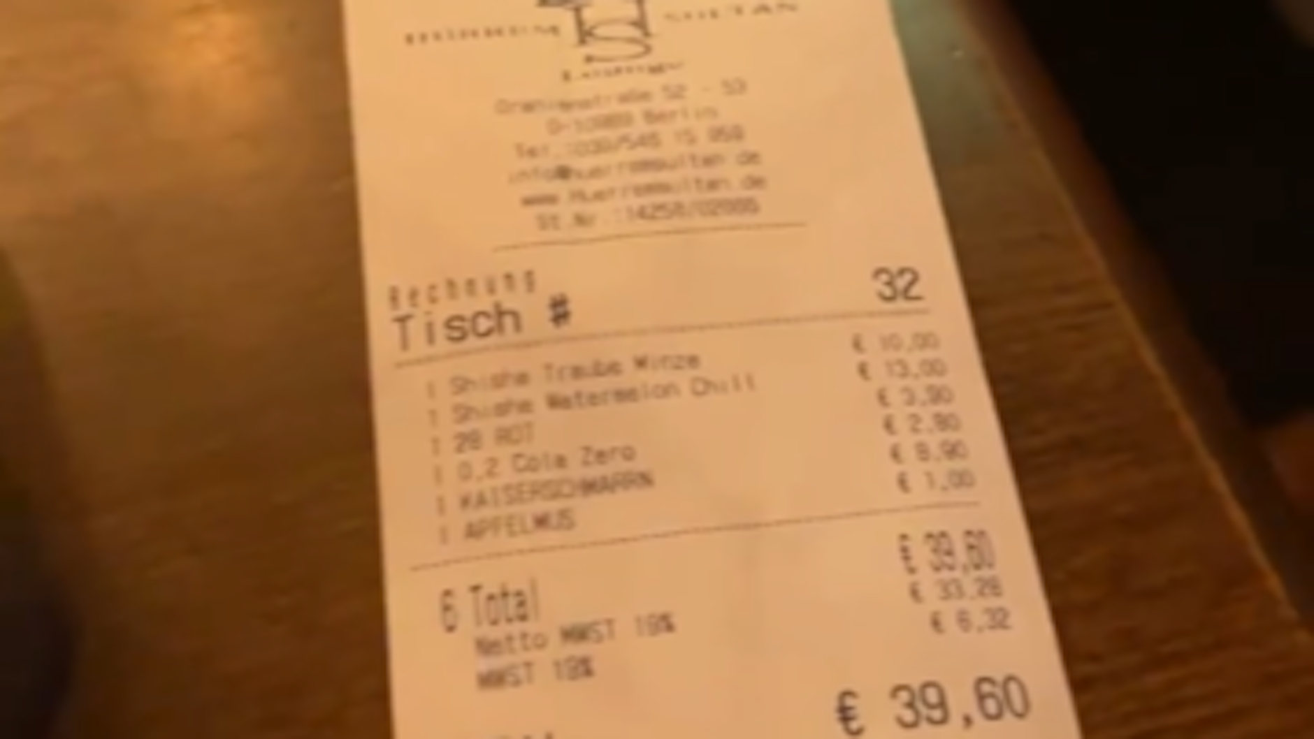 Shisha-Tabak, Cola Zero, Kaiserschmarrn und Apfelmus: Die Rechnung von Max Kruse und seiner Verlobten Dilara.&nbsp;