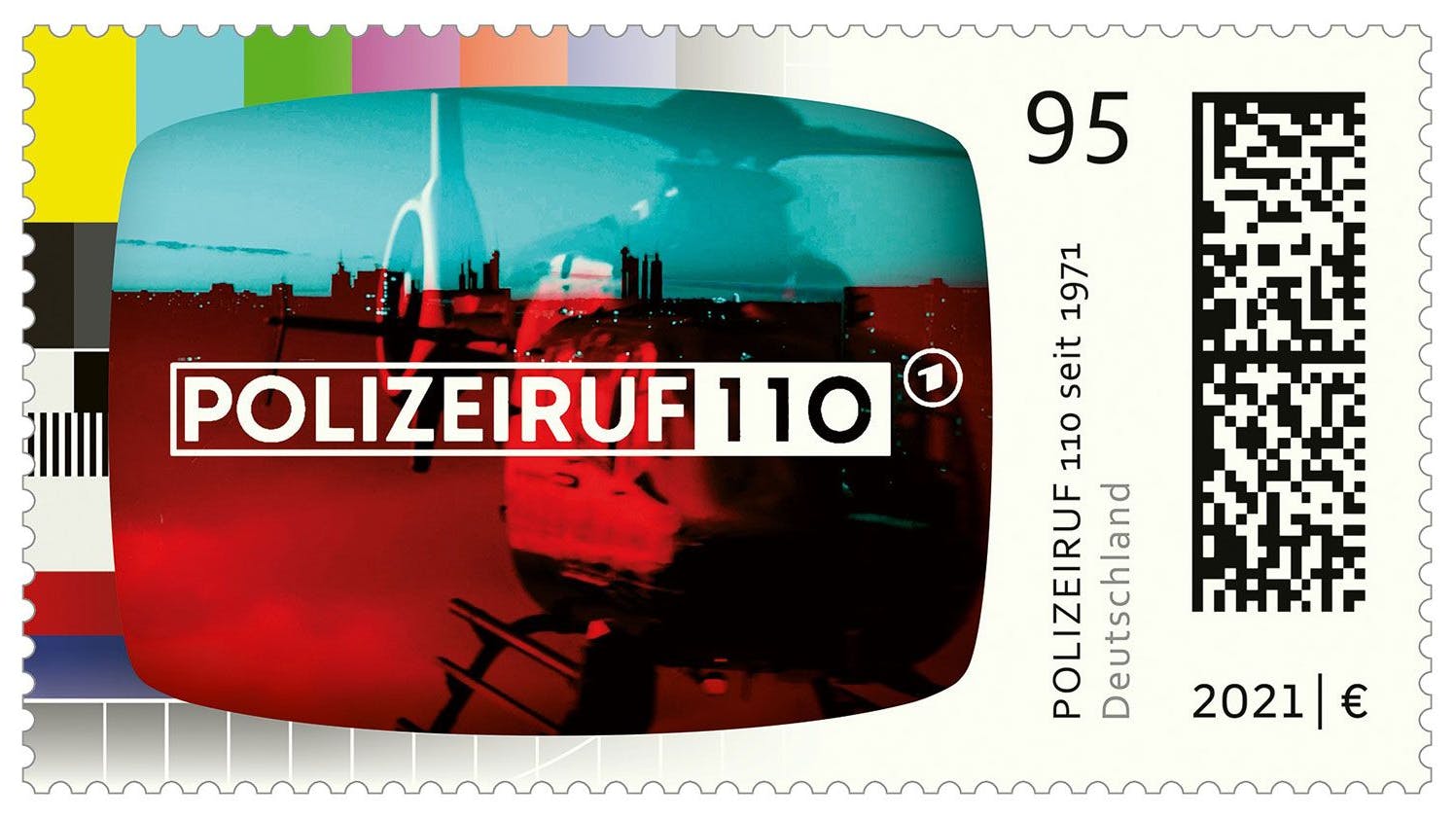 Die Briefmarke zeigt das Logo des „Polizeiruf 110“.