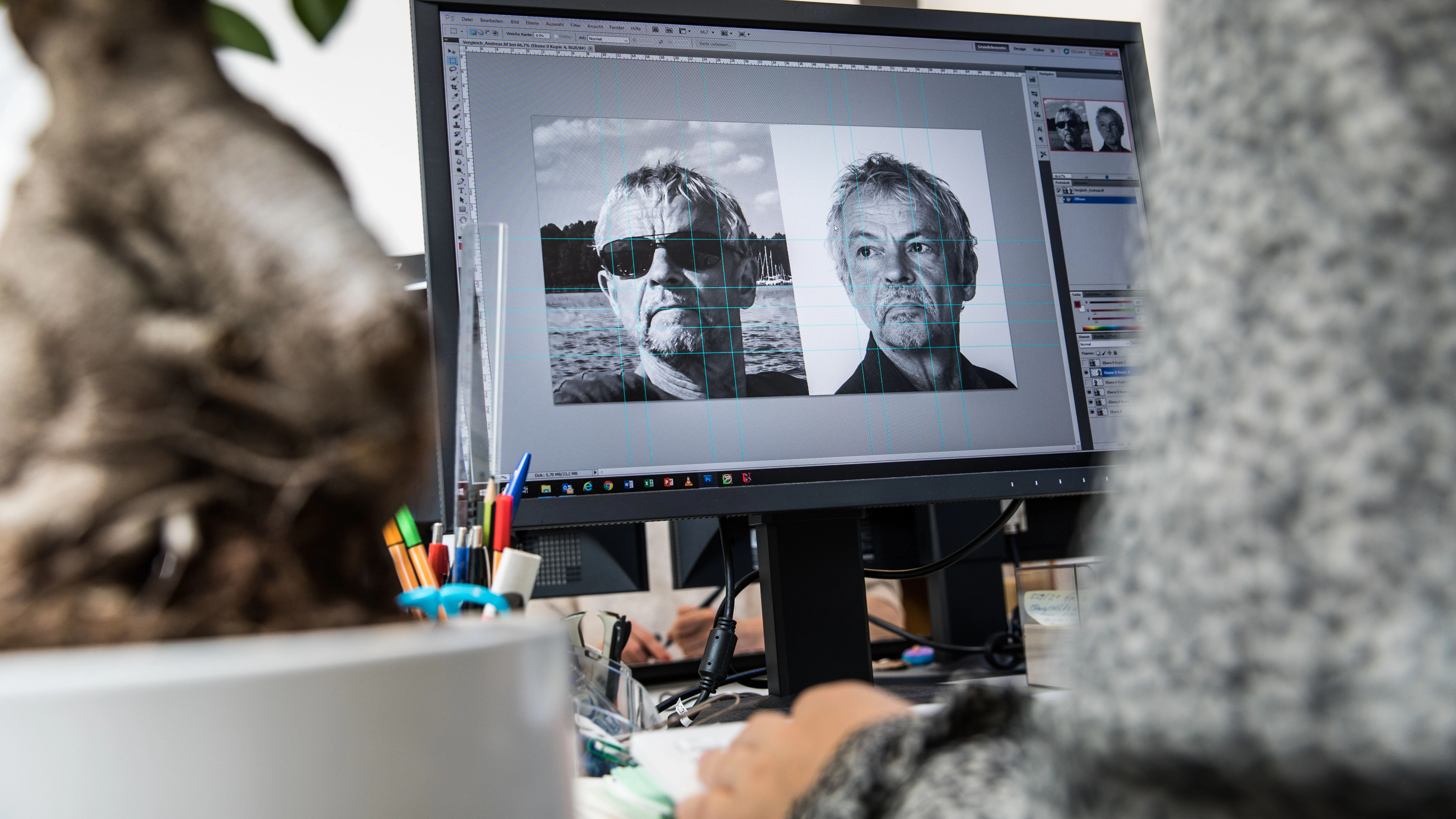 Im Fachbereich Visuelle Personenidentifizierung wird das Bild des Verdächtigen mit dem aus dem LKA-Fotostudio (rechts) verglichen. Das Ergebnis: Er ist es.