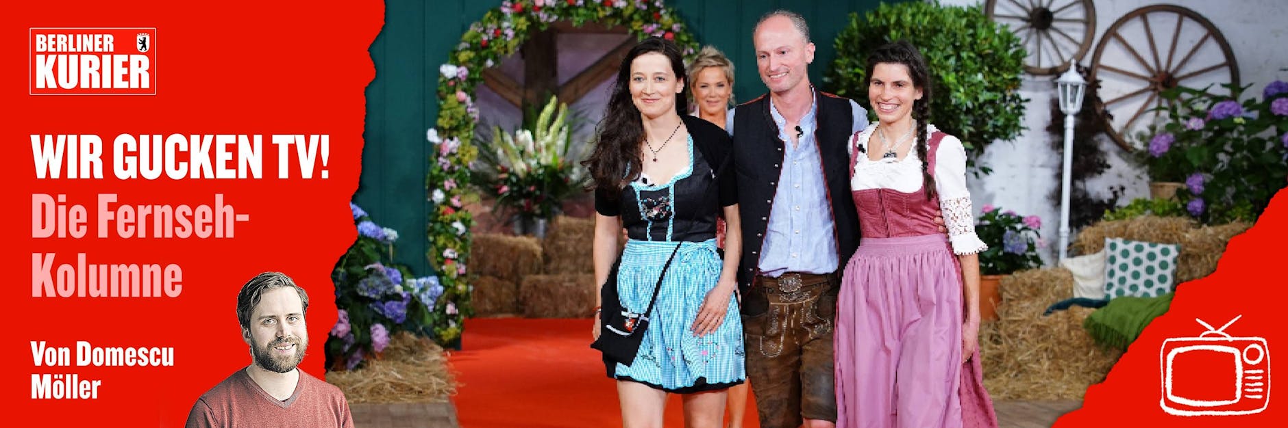 Eine Szene aus Bauer sucht Frau: Bauer Hubert mit seinen Kandidatinnen Melanie (l.) und Andrea rechts.