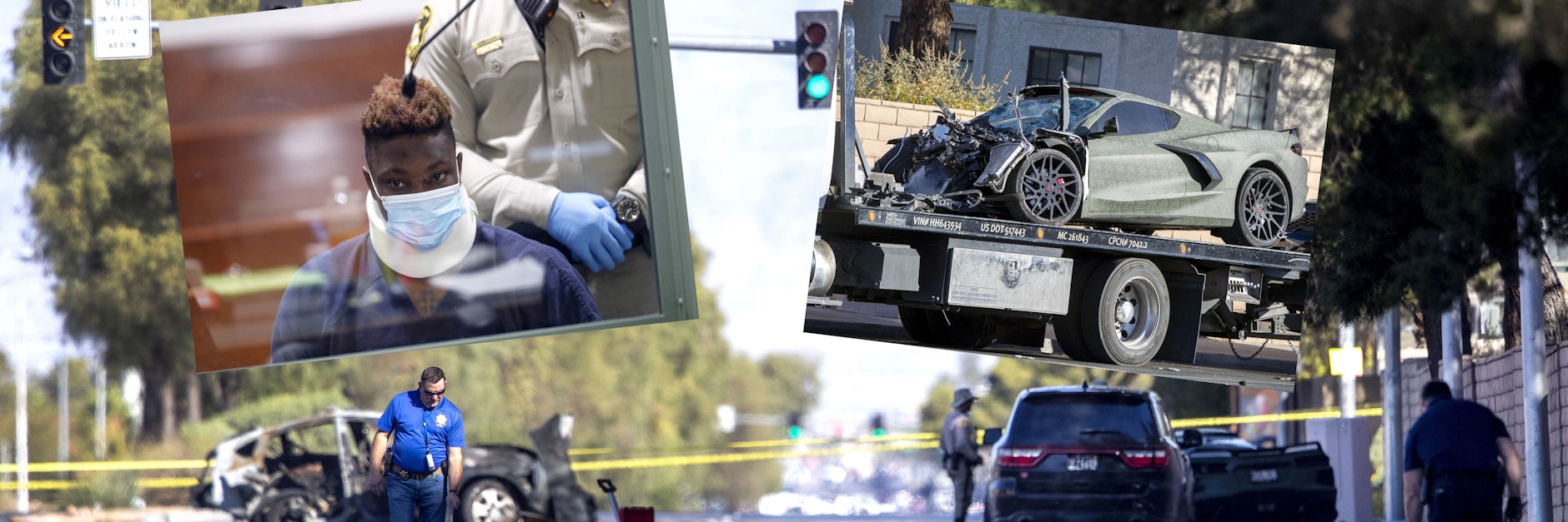 Die Straße in Las Vergas gleicht einem Trümmerfeld (u.). NFL-Star Henry Ruggs (o.) wird nach seinem Horror-Crash dem Haftrichter vorgeführt.