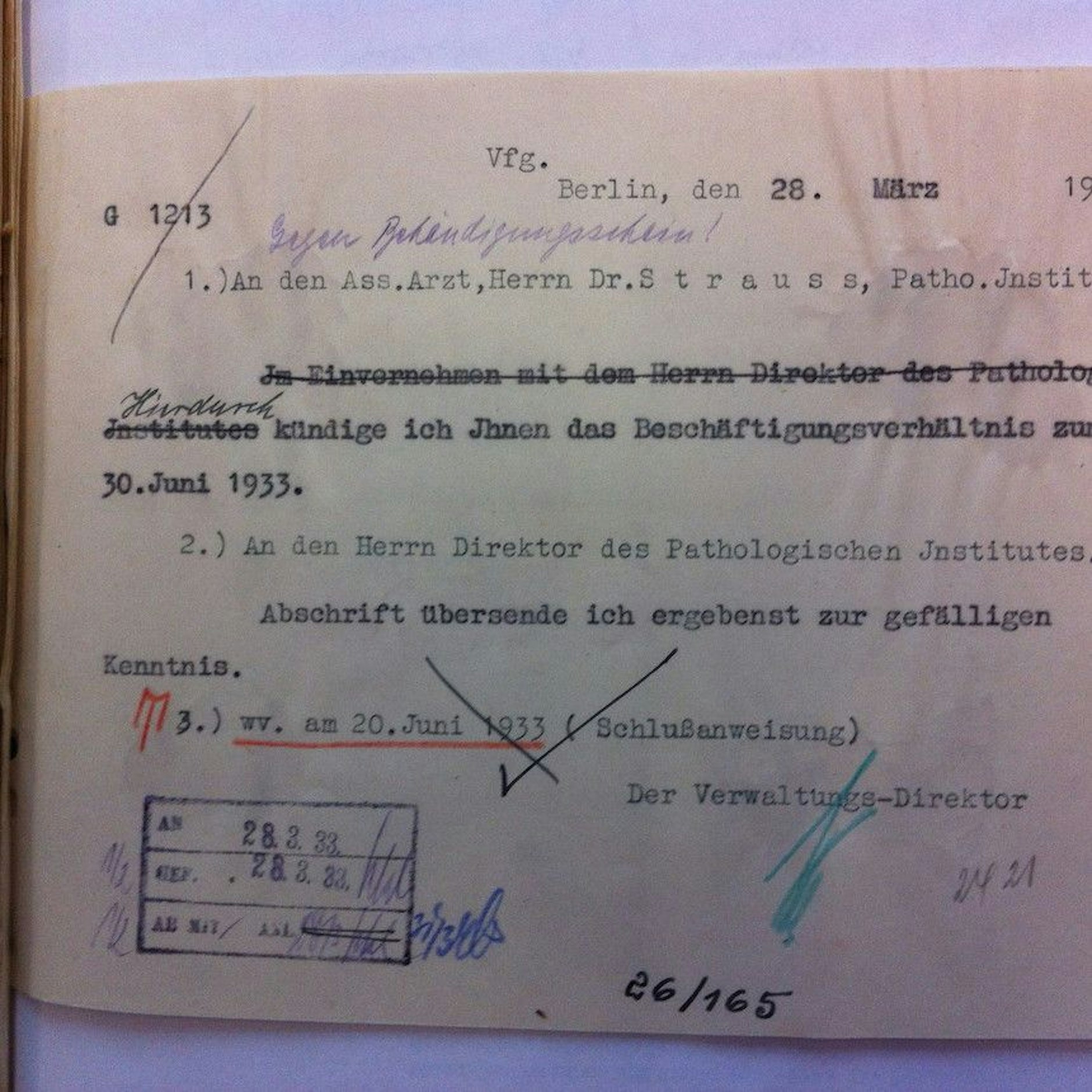 28. März 1933: Kündigungsschreiben ohne Rössles Einverständnis.