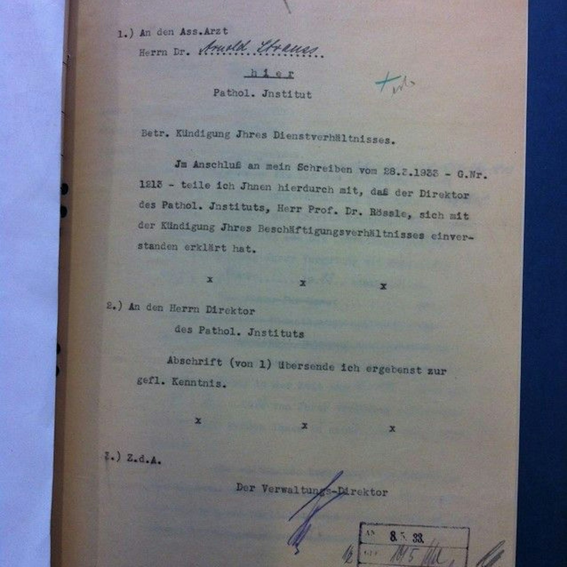 5. Mai 1933: „Mit der Kündigung einverstanden erklärt“
