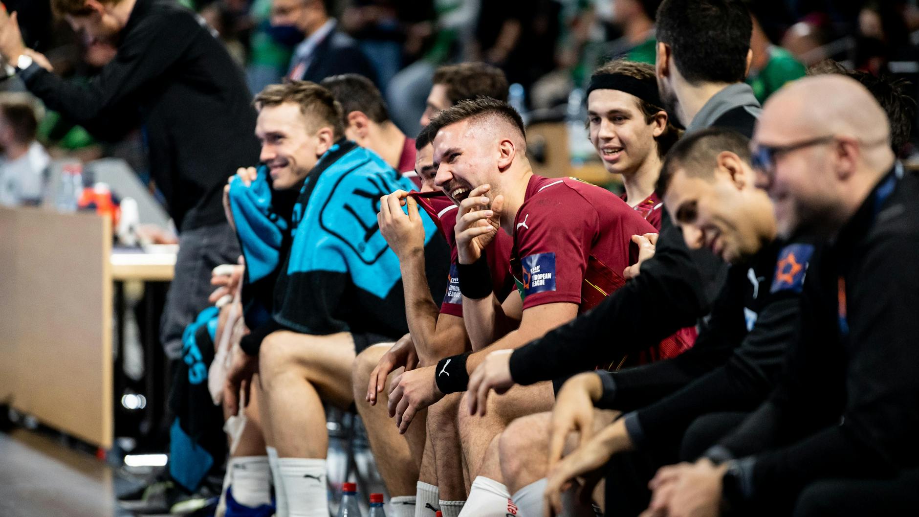Gute Laune bei den Füchsen, hier im Spiel in der EHF European League gegen HT Tatran Presov aus der Slowakei. 