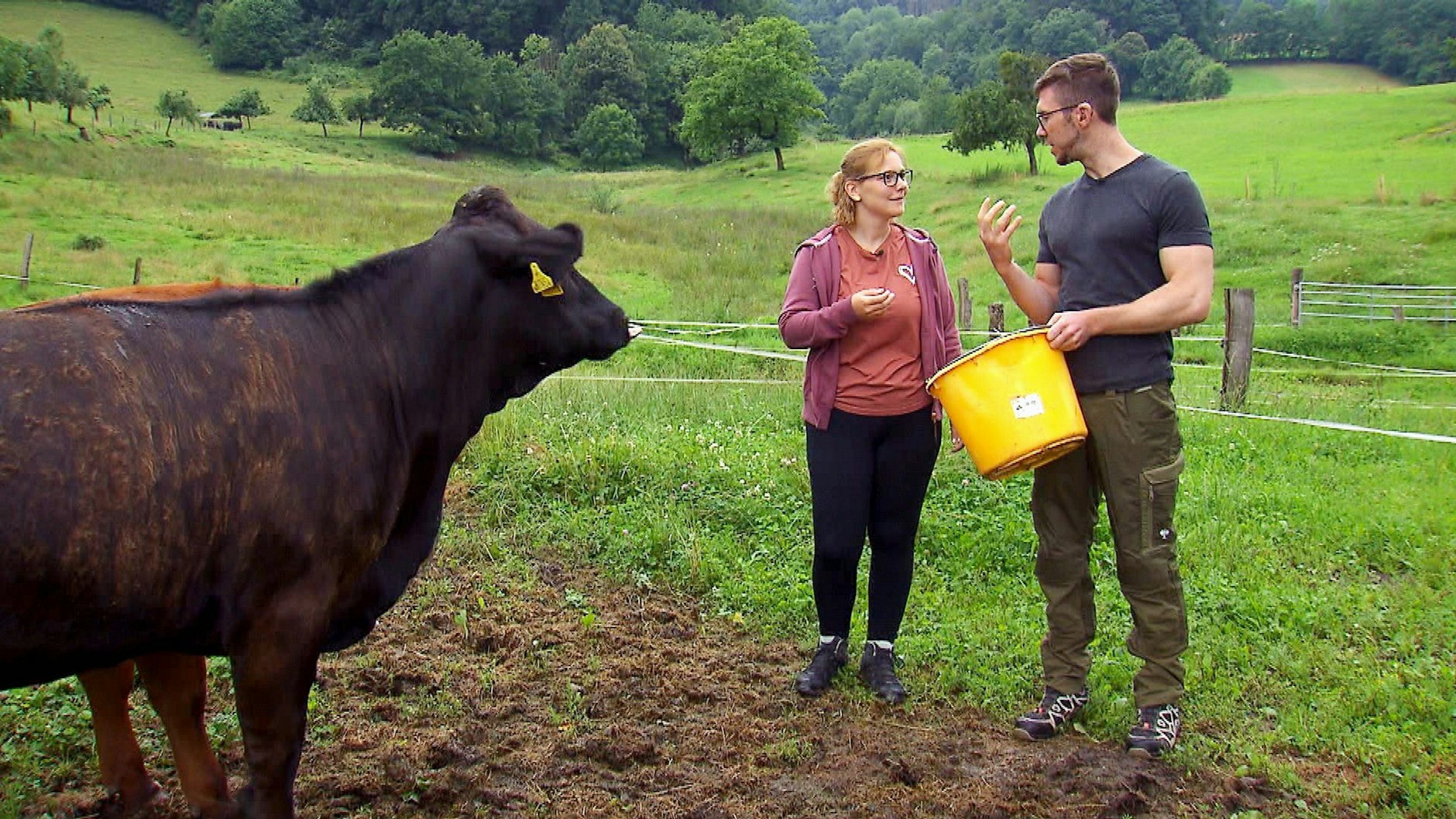 „Bauer sucht Frau“-Bauer Nils füttert zusammen mit Sabrina seine Tiere.
