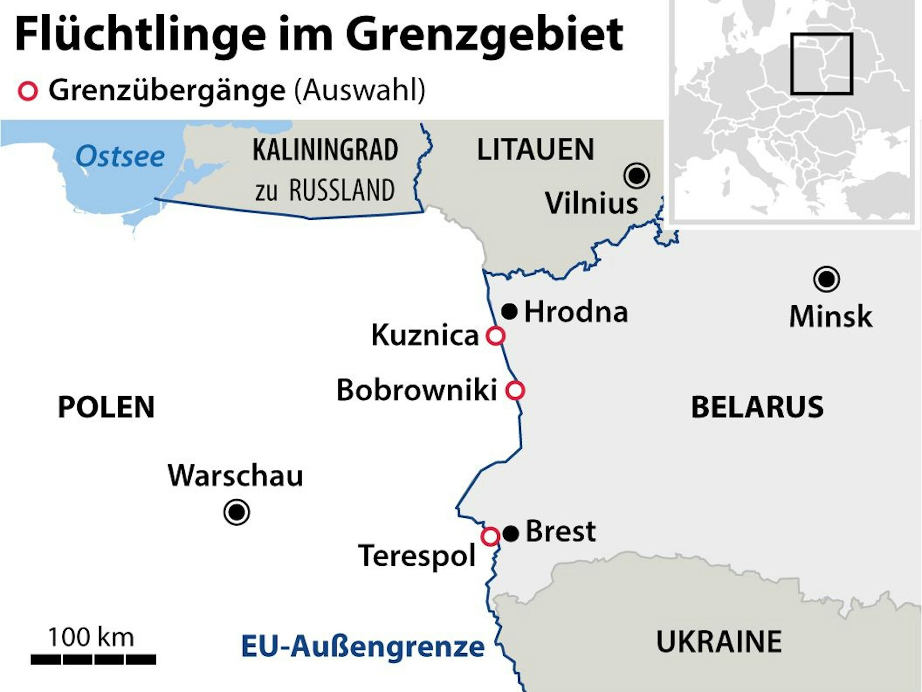 Die Migranten sitzen vor dem Übergang Kuznica auf belarussischer Seite bei Grodno/Hrodna fest.