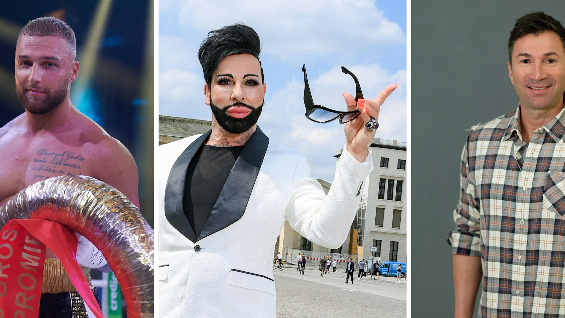 Realitystar Filip Pavlovic, Modeschöpfer Harald Glööckler und Sänger Lucas Cordalis (v.l.n.r.) sollen eigentlich 2022 in das RTL-Dschungelcamp einziehen. 