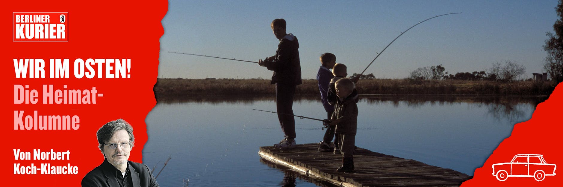 Ein Vater mit seinen Söhnen versucht an einem Brandenburger Angelteich sein Fangglück: Angeln im Osten Deutschlands ist bei Alt und Jung sehr beliebt.
