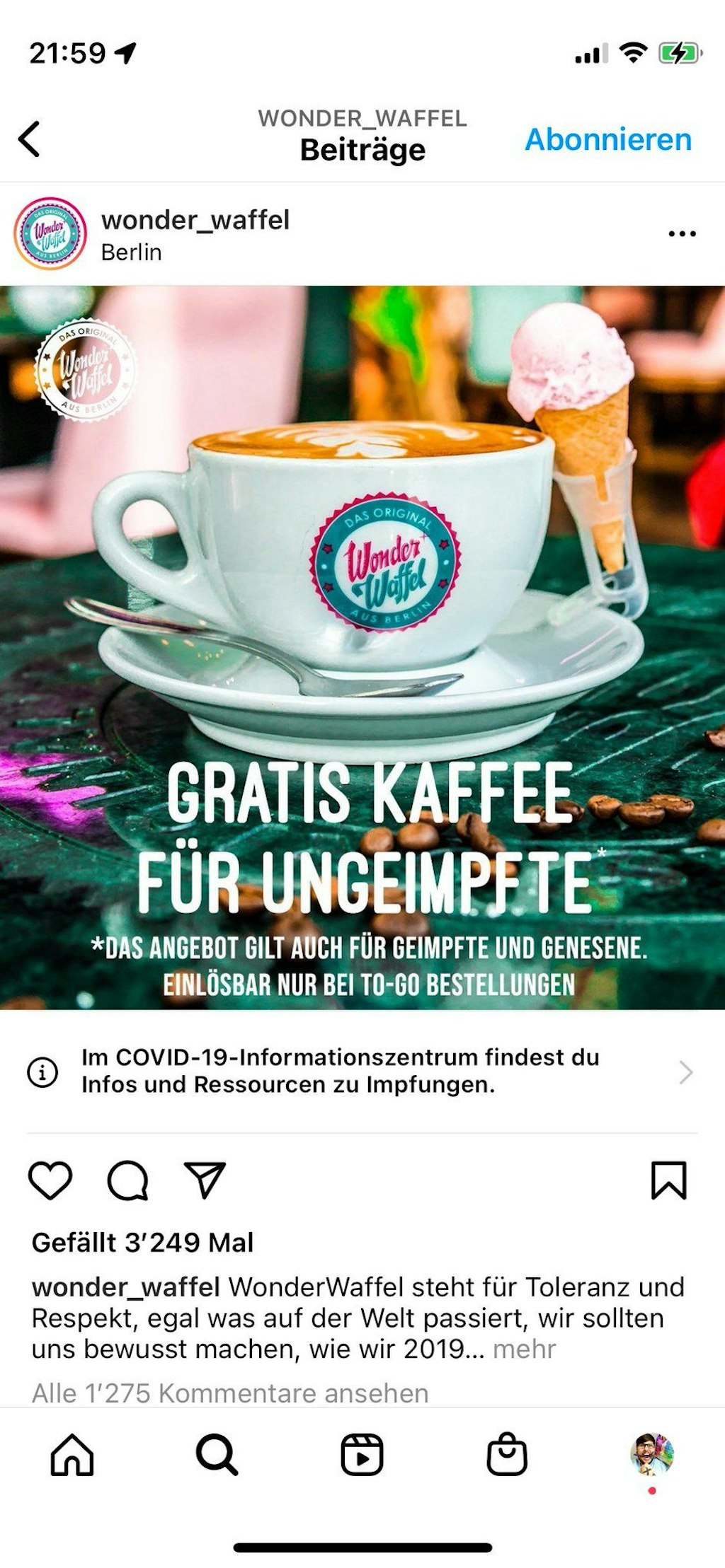 wie krass ist das denn wonder waffel wirbt mit gratis kaffee fur ungeimpfte und erntet einen riesen shitstorm