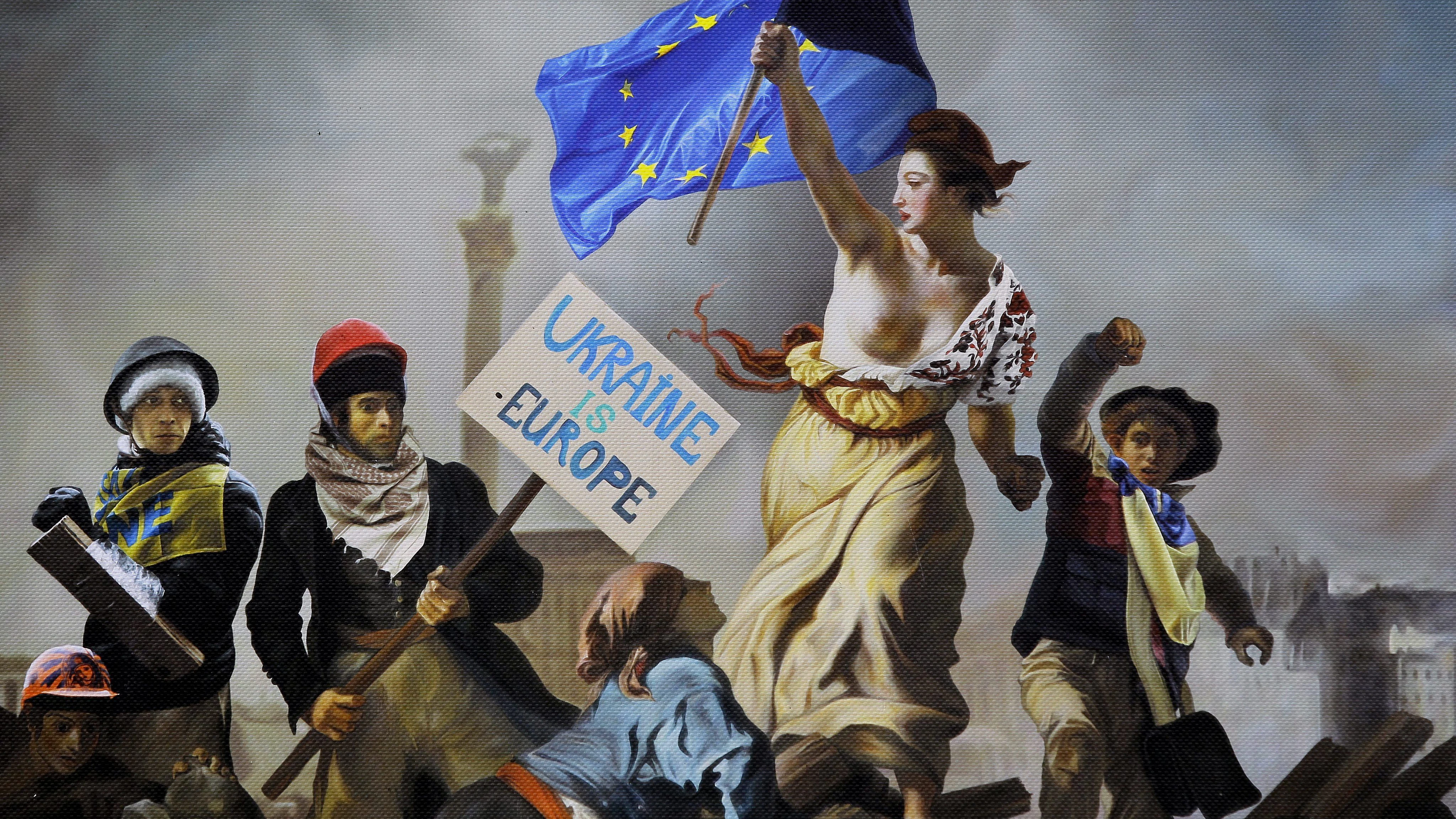 Ein von der Euromaidan-Revolution von 2014 inspiriertes Kunstwerk deutet auf die ukrainische Strebungen nach Europa. In der Realität bleibt Europa für das Land ein umstrittenes Thema.&nbsp;