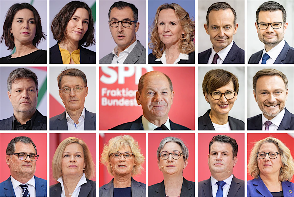 Die Bildkombo zeigt die künftige Bundesregierung: <strong>Obere Reihe </strong>(l-r) Annalena Baerbock, Anne Spiegel, Cem Özdemir, Steffi Lemke, Volker Wissing, Marco Buschmann;<strong> Mittlere Reihe</strong> (l-r) Robert Habeck, Karl Lauterbach, Olaf Scholz, Bettina Stark-Watzinger, 
              Christian Lindner; <strong>Untere Reihe</strong> (l-r) Wolfgang Schmidt, Nancy Faeser, Christine Lambrecht, Klara Geywitz , Hubertus Heil, Svenja Schulze