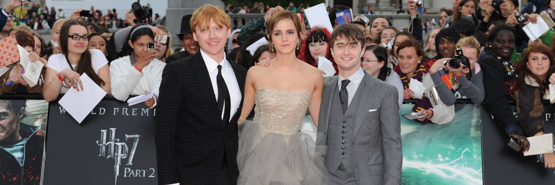 Die Hauptdarsteller der Harry Potter-Filme: Rupert Grint (Ron Weasley), Hermine Granger (Emma Watson) und Daniel Radcliffe (Harry Potter) im Jahr 2011.