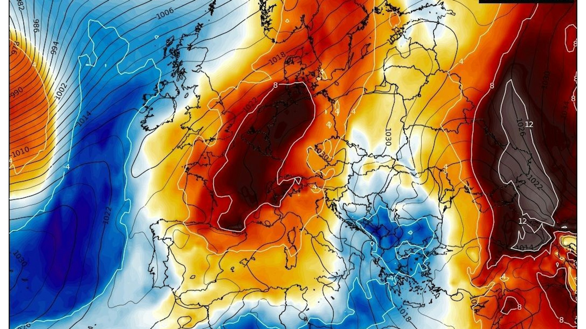Diese Karte zeigt die Temperaturabweichungen in rund 1500 Meter Höhe am kommenden Montag im Vergleich zum langjährigen Klimamittel zu dieser Jahreszeit. Es ist genau über Westeuropa für die Jahreszeit deutlich zu warm. In Deutschland liegen die Temperaturen teilweise 8 Grad über den für die Jahreszeit üblichen Werten.
