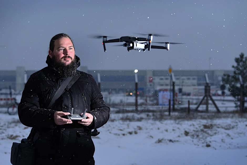 Der Chronist: Tobias Lindh filmt mit seiner Drohne den Baufortschritt an der Gigafactory in Grünheide.