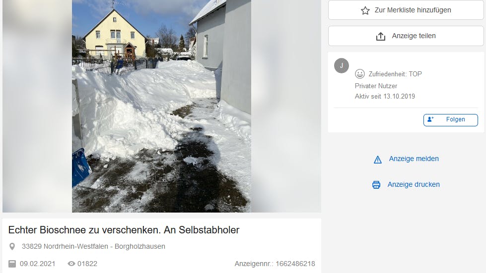 Der Bio-Schnee sollte möglichst schnell abgeholt werden.