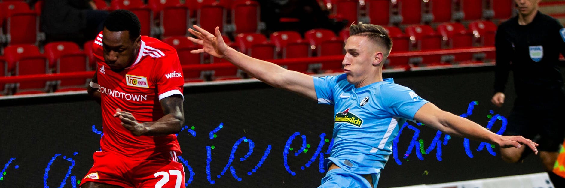 Voller Einsatz an alter Wirkungsstätte: Freiburgs Nico Schlotterbeck versucht Unions Sheraldo Becker zu stoppen. 
