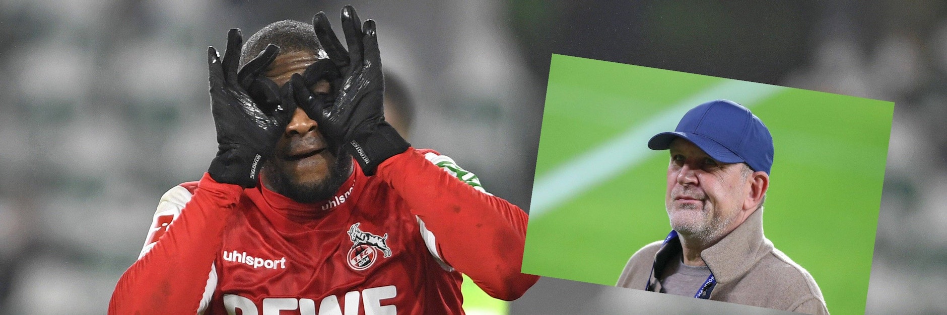 Kölns Anthony Modeste feiert diebisch sein Siegtor zum 3:2 in Wolfsburg, freut sich, dass VfL-Manager Jörg Schmadtke nun in der Krise steckt.