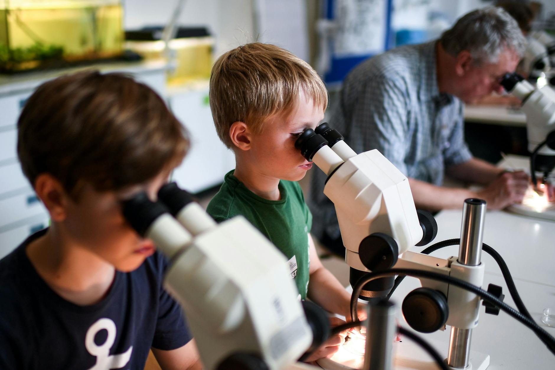 Forschernachwuchs für Berlin: Johannes (l.) und Johann schauen bei einem Workshop im Berliner Naturkundemuseum durch Mikroskope.