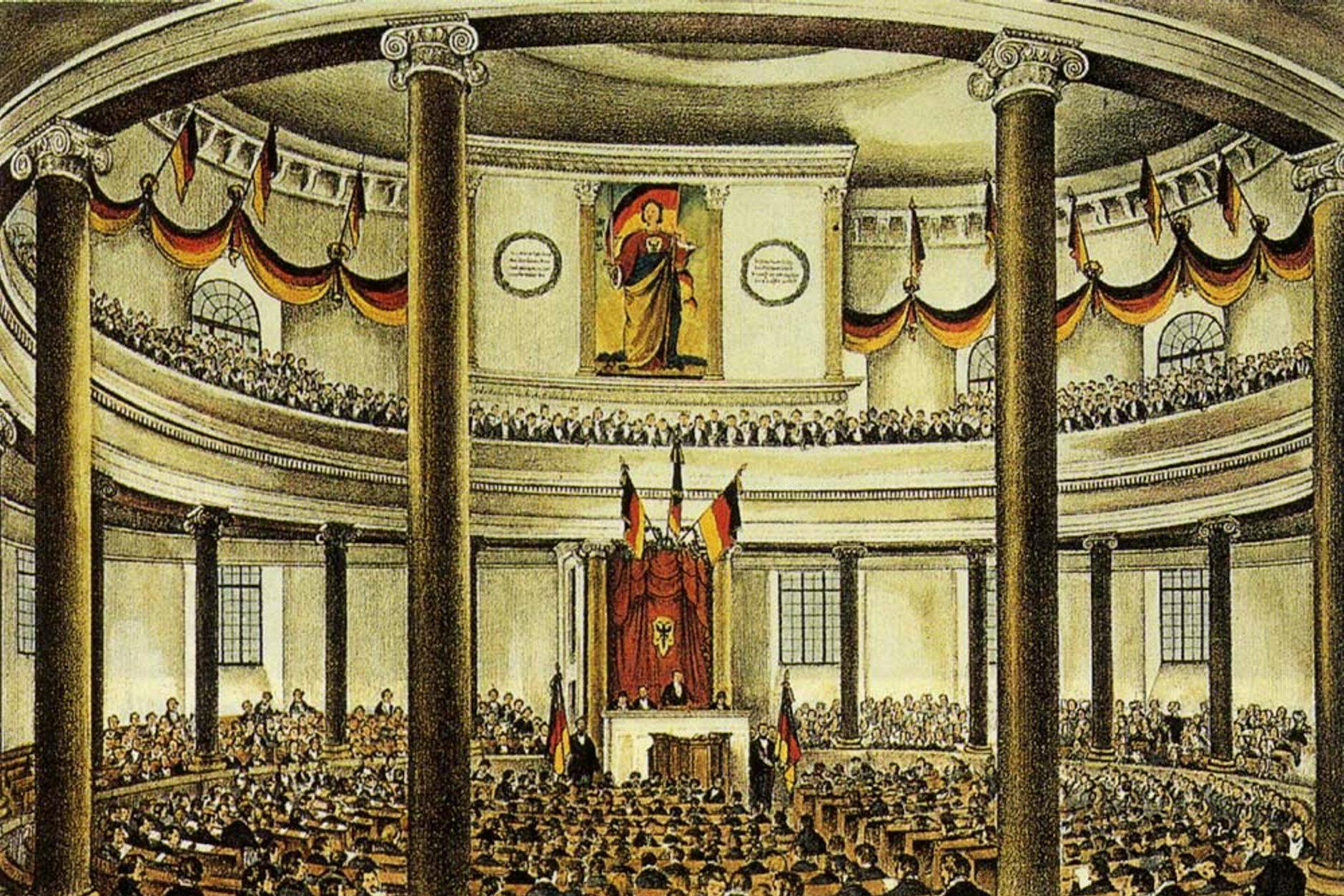 So bürgerlich-maskulin-kirchlich fing es an mit den Linken und den Rechten: die Nationalversammlung in der Frankfurter Paulskirche 1848, illustriert von Ludwig von Elliot. Einzige Frau war die „Germania“, hinter der sich die Orgel verbarg.