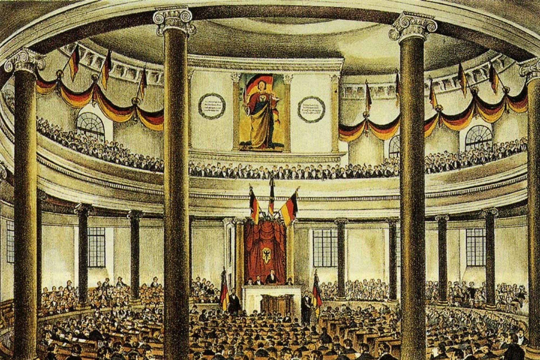 So bürgerlich-maskulin-kirchlich fing es an mit den Linken und den Rechten: die Nationalversammlung in der Frankfurter Paulskirche 1848, illustriert von Ludwig von Elliot. Einzige Frau war die „Germania“, hinter der sich die Orgel verbarg.