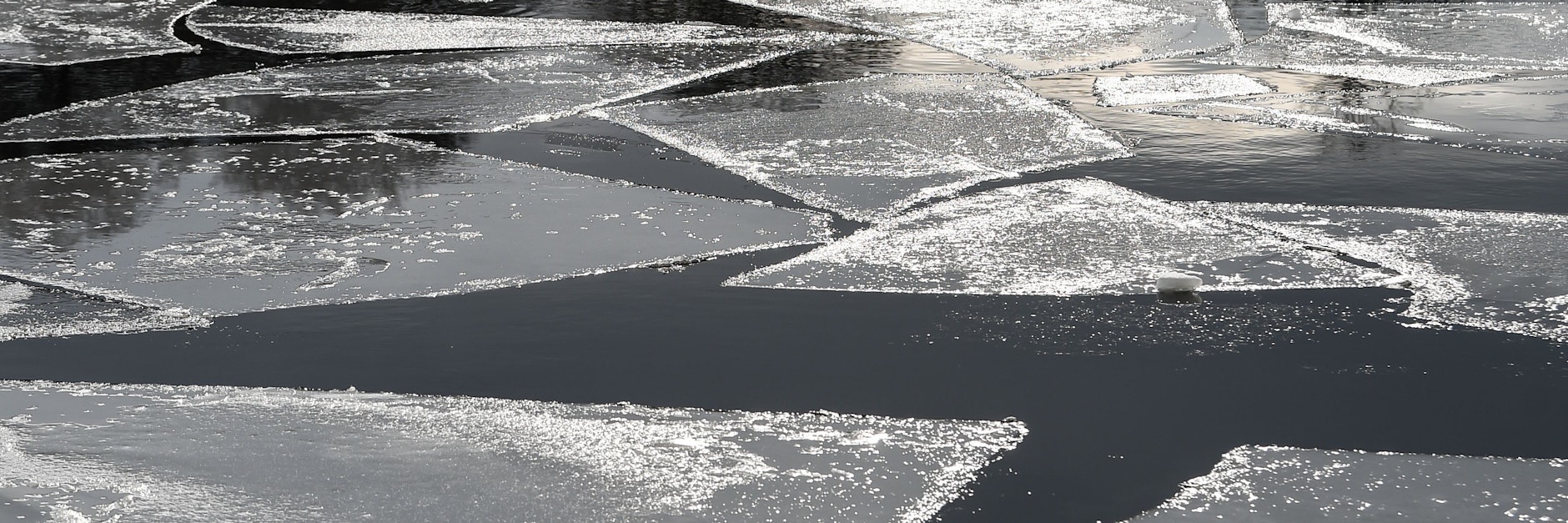 Auf der Spree in Berlin treiben viele Eisschollen – von der Sonne beschienen.