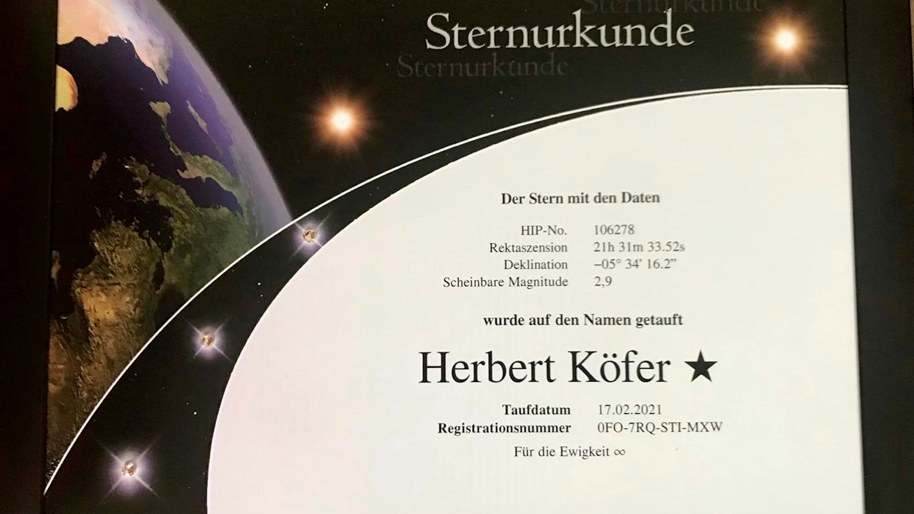 Das ist die Urkunde zu dem Stern, der nun den Namen von Herbert Köfer trägt.&nbsp;