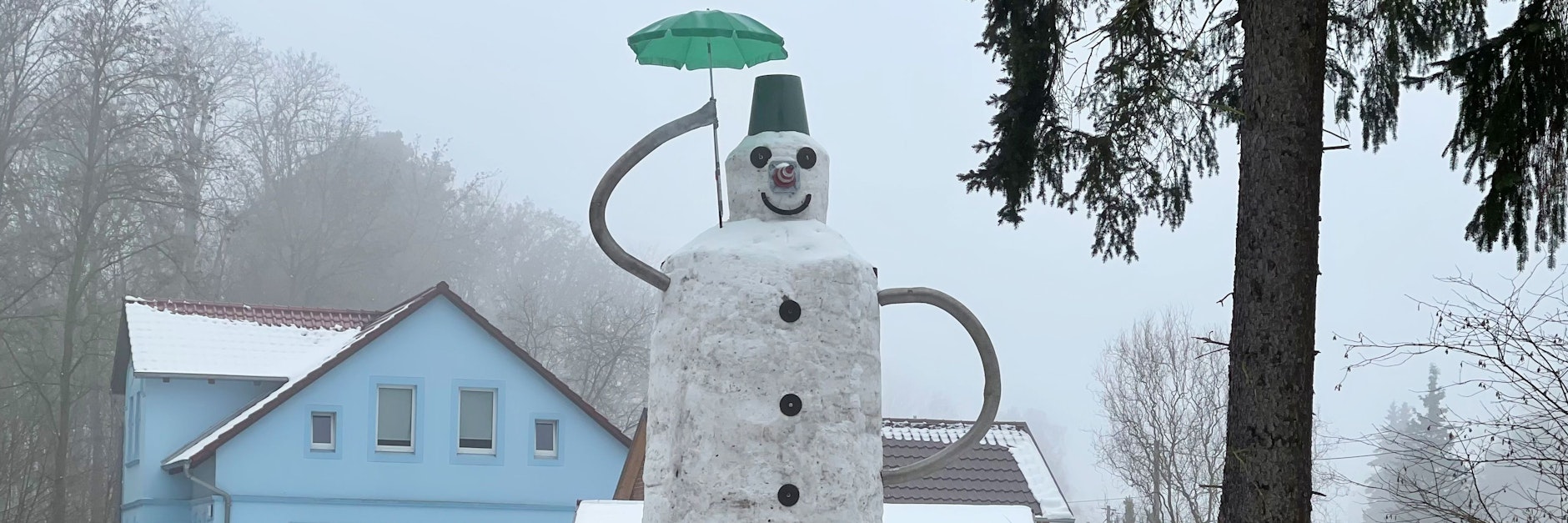 Der über acht Meter hohe Schneemann, gebaut von Michael Freudenberg und seinen Nachbarn, steht in einem verschneiten Garten. 